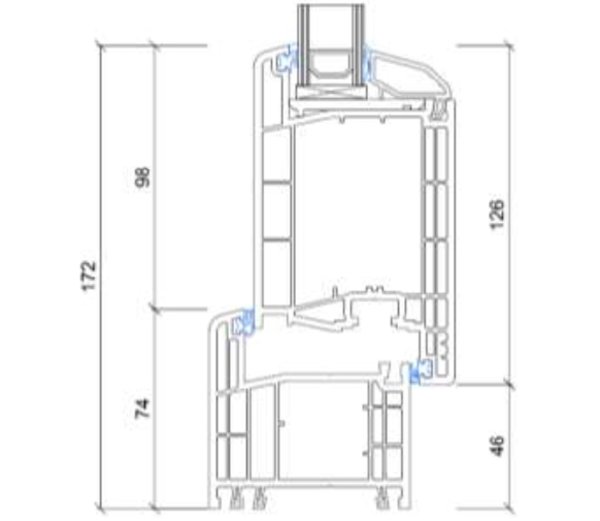 Technische Zeichnung von STOLMA Gealan S 8000 Haustür - nach innen öffnend - Blendrahmen Nr. 8010 - Flügel Nr. 8076 Schnitt