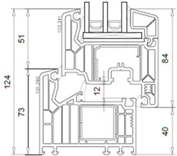 Profilansicht mit Maßen des Fensters VEKA Softline 82 