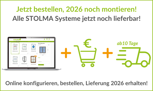 STOLMA Aktionsgrafik: Online konfigurieren, bestellen, 2026 liefern lassen