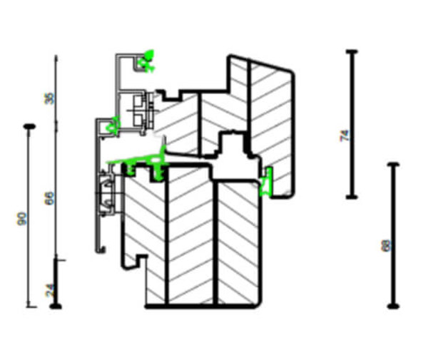 technische Zeichnung von Holz-Aluminium Fenster Quadrat