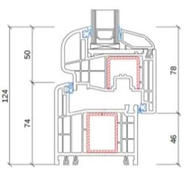 Technische Zeichnung von STOLMA Gealan S 8000 Plus Fenster - 74mm weiß - Blendrahmen Nr. 8010 - Flügel Nr. 8096 Schnitt