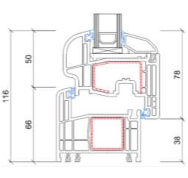 Technische Zeichnung von STOLMA Gealan S 8000 Plus Fenster - 66mm foliert - Blendrahmen Nr. 8001 - Flügel Nr. 8068 Schnitt