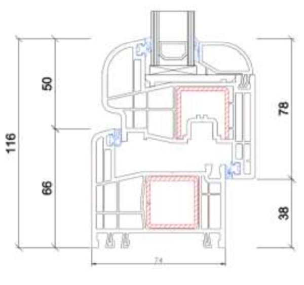 Technische Zeichnung von STOLMA Gealan S 8000 Plus Fenster - 66mm weiß - Blendrahmen Nr. 8001 - Flügel Nr. 8096 Schnitt