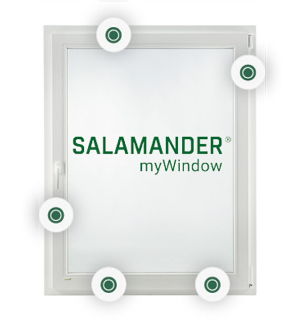 Salamander myWindow Fenster mit markierten 5 Pilzkopfverriegelungspunkten