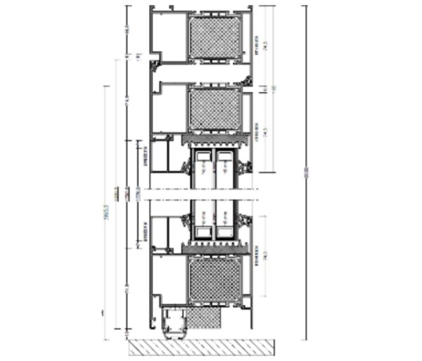 Technische Zeichnung von STOLMA Aluminium 104 Haustür - Haustür nach innen öffnend mit Kältefeind - Blendrahmen Nr. K519141 - Flügel Nr. K519161 Schnitt