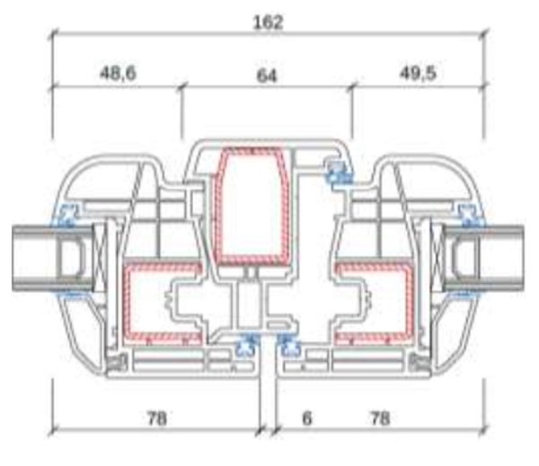 Technische Zeichnung von STOLMA Gealan S 8000 Plus Fenster - mit Stulp weiß - Stulpt Nr. 8080 - Flügel Nr. 8096 Schnitt