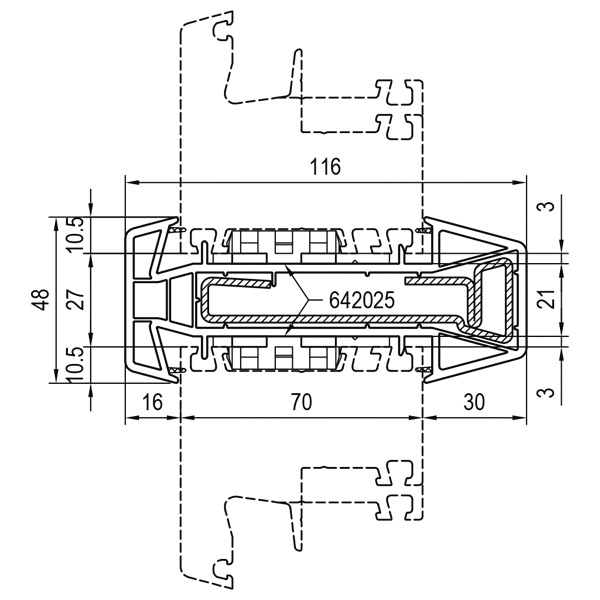 Technische Zeichnung von STOLMA Aluplast Stahlkopplung 21 mit Stahlprofil - Kopplung Nr. 140218, Stahlprofil Nr. 289218 Anschlusssituation Schnitt