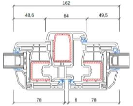 Technische Zeichnung von STOLMA Gealan S 8000 Fenster - mit Stulp weiß - Stulp Nr. 8080 - Flügel Nr. 8095 Schnitt