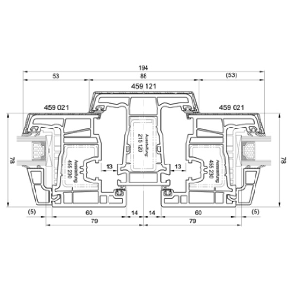 Technische Zeichnung von STOLMA Salamander 76 Aluminium Fenster - Dreh-Kipp - Dreh Kipp mit festem Pfosten - (DK-DK) - Flügel Nr. 251021 - Pfosten Nr. 252120 - Schnitt