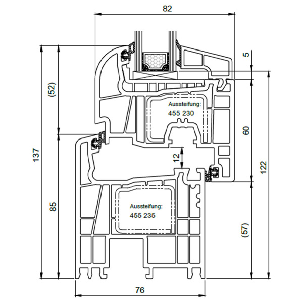 Technische Zeichnung von STOLMA Salamander 76 Roundline Fenster - Dreh-Kipp - DK - Breiter Blendrahmen 85mm - Breiter Blendrahmen Nr. 250230 - Flügel Nr. 251221 - Schnitt