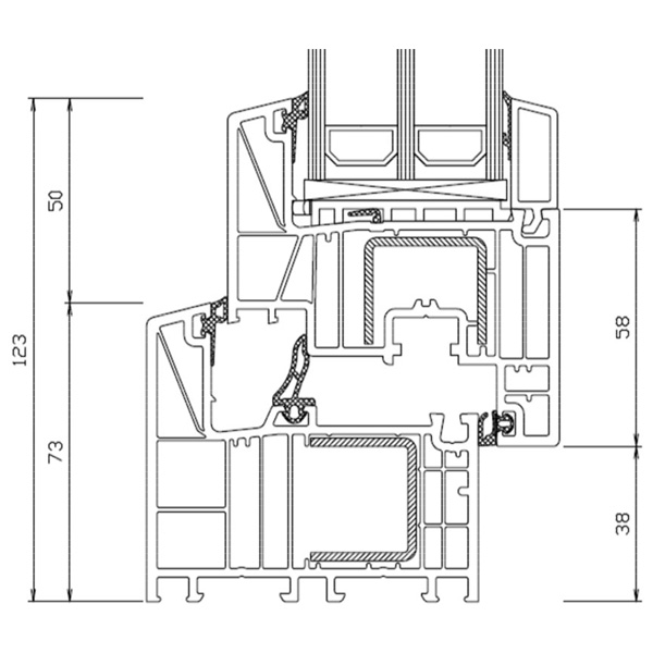 Technische Zeichnung von STOLMA Salamander 82 Fenster - Dreh-Kipp - DK - Blendrahmen Nr. HO9020  - Flügel Nr. HO8520 - Schnitt