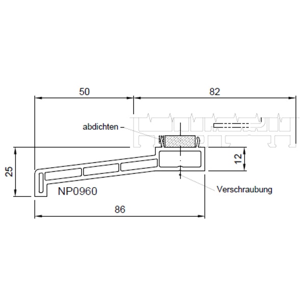 Technische Zeichnung von STOLMA Salamander Fensterbankanschlussprofil 86x25mm - FBA Nr. NP0960 - Endkappen Nr. ES0960 - Schnitt