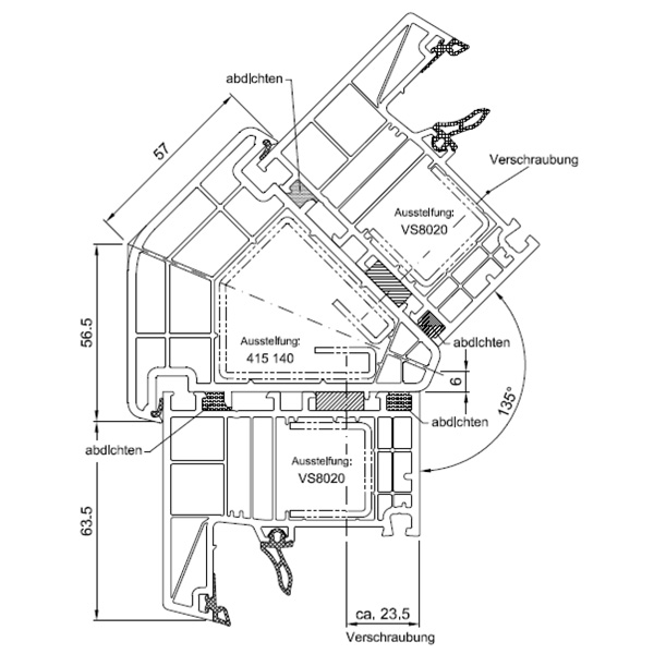 Technische Zeichnung von STOLMA Salamander Kopplung - Eckkopplung 135° - Kopplung Nr. 416240 - Schnitt