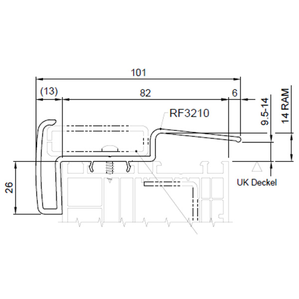 Technische Zeichnung von STOLMA Salamander Rollladenzubehör - Abrollleiste - Abrollleiste Nr. RF3230 - Verstärkung Nr. 405015 - Schnitt