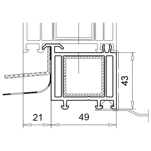 Technische Zeichnung von STOLMA VEKA Balkonanschlussprofil - Balkonanschlussprofil 43mm - Balkonanschlussprofil Nr. 109445 - Verstärkung Nr. 1130251 - Schnitt