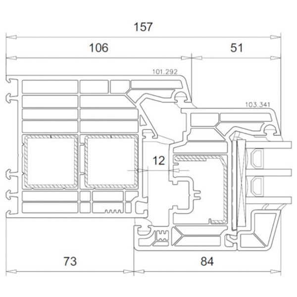 Technische Zeichnung von STOLMA VEKA SL 82 Fenster - breiter Blendrahmen (106) - Blendrahmen Nr. 101292 - Flügel Nr. 103341 - Schnitt