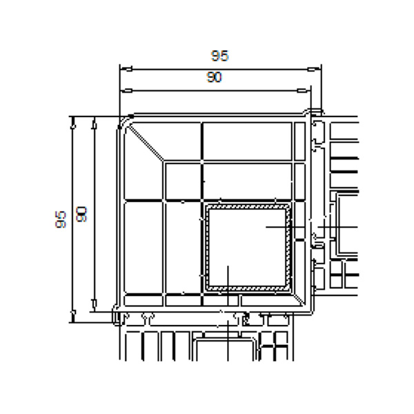 Technische Zeichnung von STOLMA VEKA Kopplungen - Eckkopplung 90° - Kopplung Nr. 116214 - Verstärkung Nr. 1132812 - Montageplatte Nr. 1414481 - Schnitt