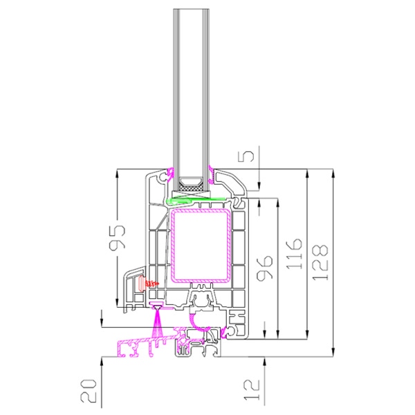Technische Zeichnung von STOLMA Aluplast 4000 Haustür - Aluminiumbodenschwelle nach innen öffnend - Flügel Nr. 140x33 Schnitt