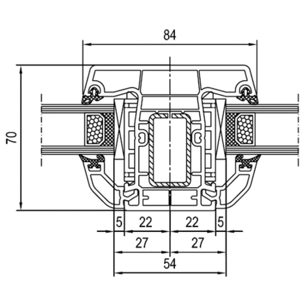 Technische Zeichnung von STOLMA Aluplast 4000 Haustür - glasteilende Sprosse - Blendrahmen - glasteilende Sprosse Nr. 140x41 Schnitt