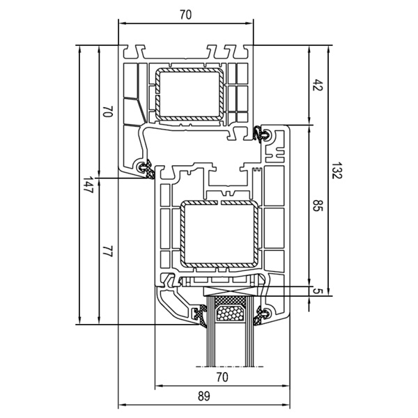 Technische Zeichnung von STOLMA Aluplast 4000 Haustür - Nebeneingangstür nach außen öffnend - Blendrahmen Nr. 140x02 - Flügel Nr. 140x31 Schnitt