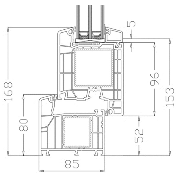Technische Zeichnung von STOLMA Aluplast 7000 Haustür - Haustür nach innen öffnend - Blendrahmen Nr. 170x03 - Flügel Nr. 170x33 Schnitt
