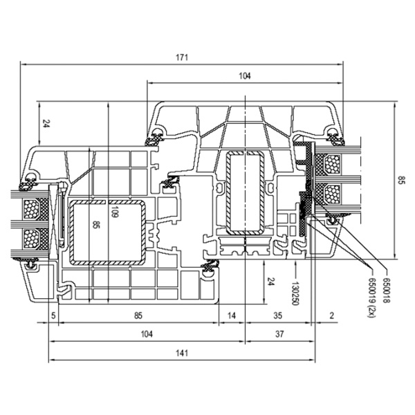 Technische Zeichnung von STOLMA Aluplast 8000 Haustür - Haustür mit Seitenteil nach innen öffnend - Flügel Nr. 180x30 - Pfosten Nr. 180x44 Schnitt