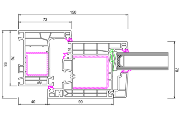 Technische Zeichnung von STOLMA Aluplast Neo Haustür - Nebeneingangstür - Blendrahmen Nr. 160x01 - Flügel Nr. 160x30 Schnitt