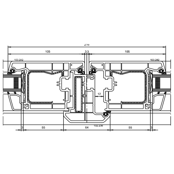 Technische Zeichnung von STOLMA VEKA SL 70 Haustür - Nebeneingangstür nach außen öffnend mit Stulp - Flügel Nr. 103242 - Stulp Nr. 102236 - Schnitt