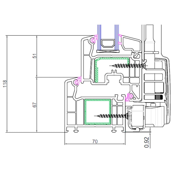 Technische Zeichnung von STOLMA VEKA SL 70 Parallel-Schiebe-Kipp-Tür - Flügel - Blendrahmen unten - Schnitt