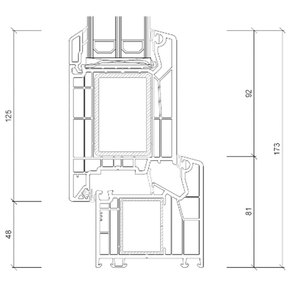 Technische Zeichnung von STOLMA VEKA SL 76 Haustür - Haustür nach innen öffnend - Blendrahmen Nr. 101351 - Flügel Nr. 105400 - Schnitt